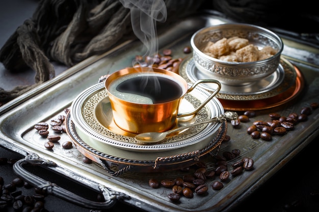 Café en una taza sobre una superficie vieja