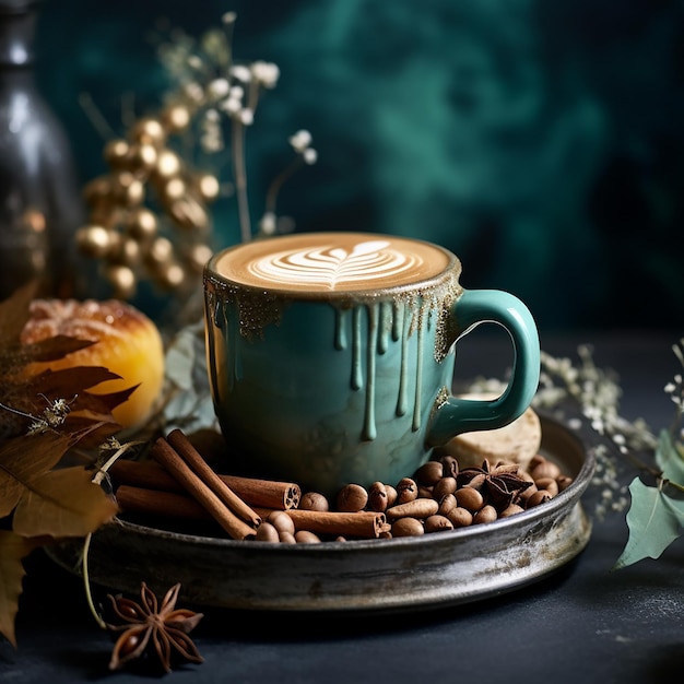 Café en una taza verde azul con un paisaje de otoño