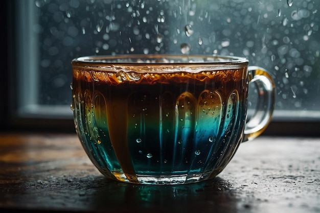 Foto café en taza de vidrio junto a la ventana lluviosa