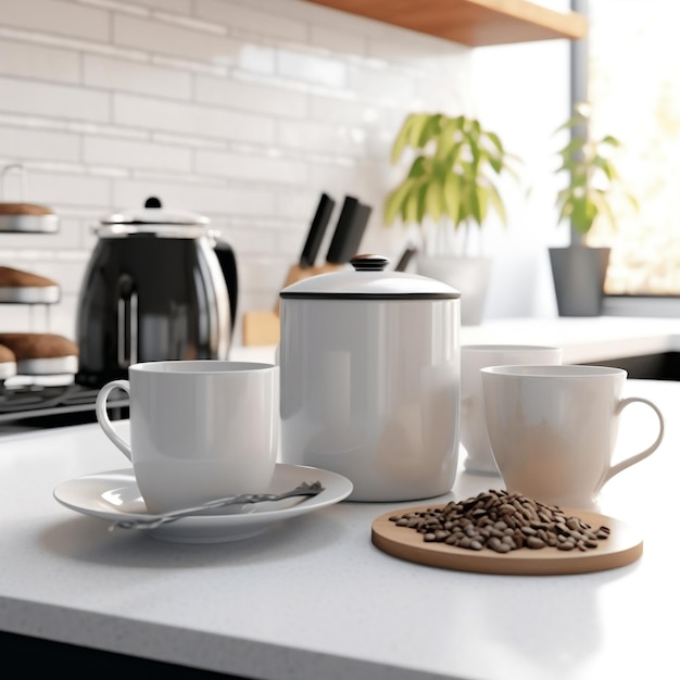Café y tazas blancas en el mostrador de la cocina con contenedores Ai generativo