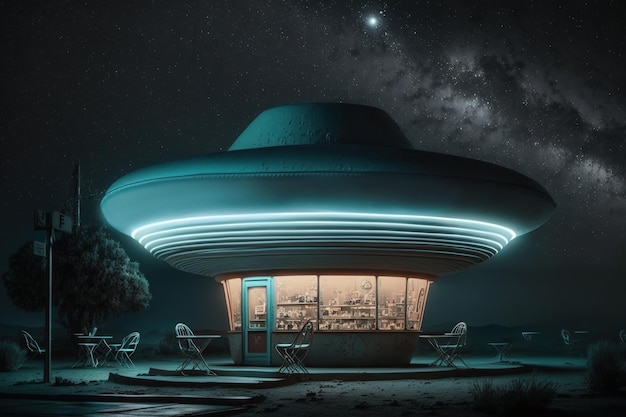 Un café con temática extraterrestre en medio del desierto iluminado exteriormente Generative Ai