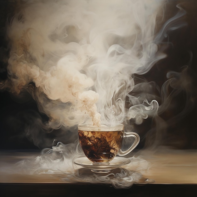 Foto el café tiene humo y emite mucho humo sobre la mesa