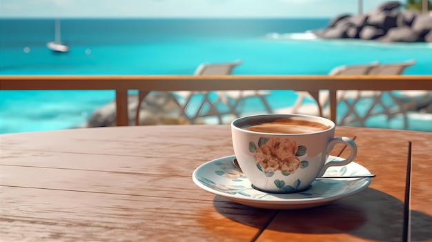 Café de vacaciones con playa