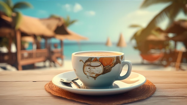 Café de vacaciones con playa