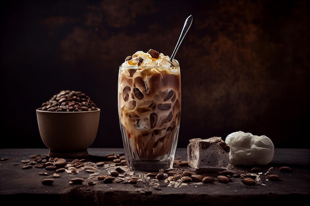 Café en vaso con cubitos de hielo y granos de café ai generativo