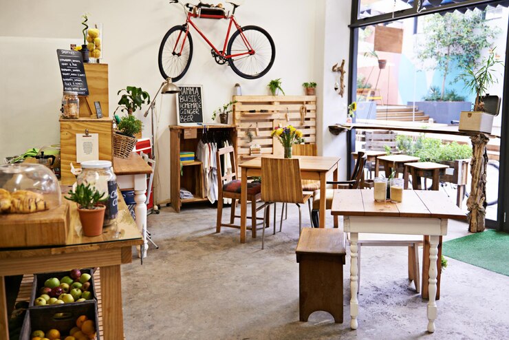 Foto café vazio e espaço interior com cadeiras de mesa e móveis ou bistrô e café para pequenas empresas com design e estilo exclusivos inicialização criativa de fundo e loja de alimentos com bicicleta na parede