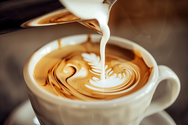 El café se vierte desde una altura en una taza de leche girando en