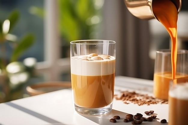 El café se vierte de la máquina de café en una taza de vidrio en una mesa blanca