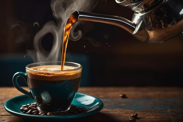 El café se vierte con vapor