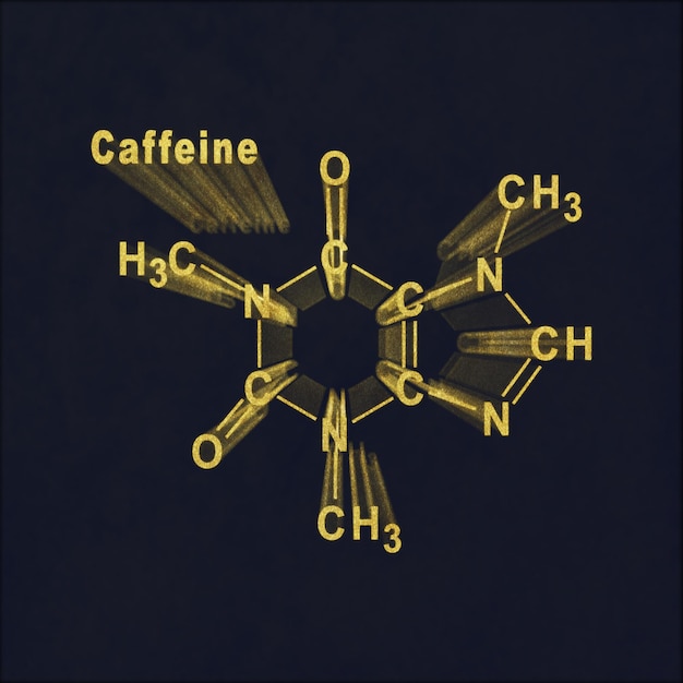Cafeína Fórmula química estructural oro sobre fondo oscuro