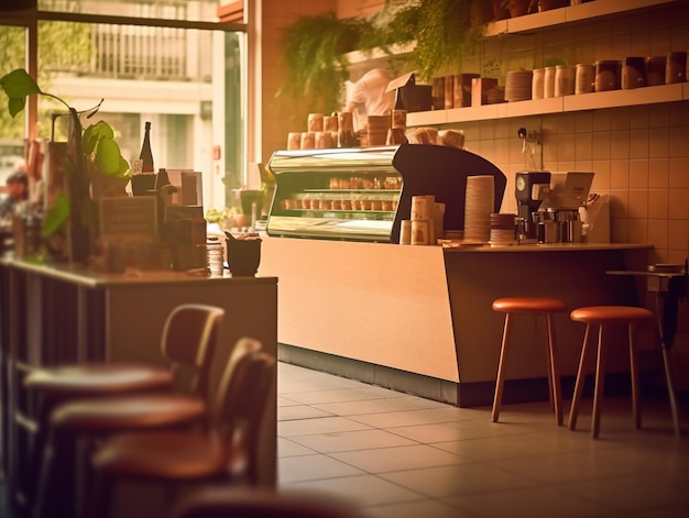 Foto cafetaria com bar e máquina de café.