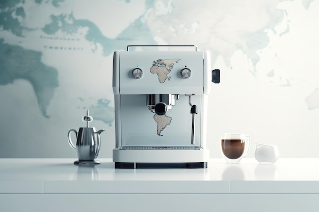 Cafetera del Día Internacional del Café en el fondo del mapa mundial