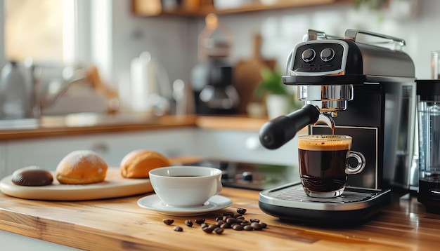 Foto cafetera geyser con un delicioso pan y una taza de espresso en la mesa de la cocina