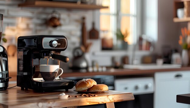 Foto cafetera geyser con un delicioso pan y una taza de espresso en la mesa de la cocina