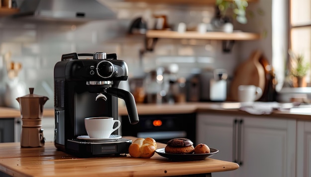 Foto cafetera geyser con un delicioso pan y una taza de espresso en la mesa de la cocina