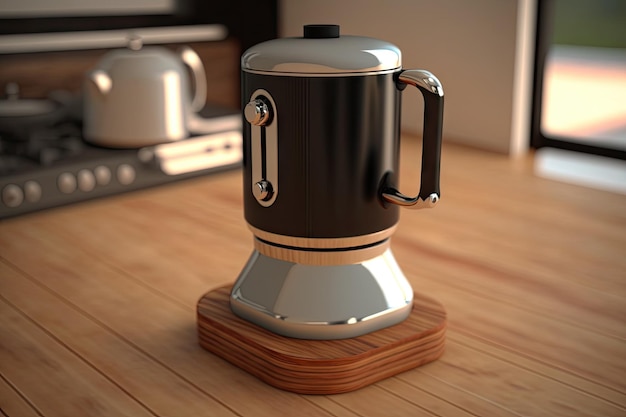 Cafetera Geyser con un diseño elegante y minimalista sobre una mesa de madera