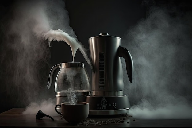 Cafetera Geyser en uso con vapor y agua caliente saliendo del pico