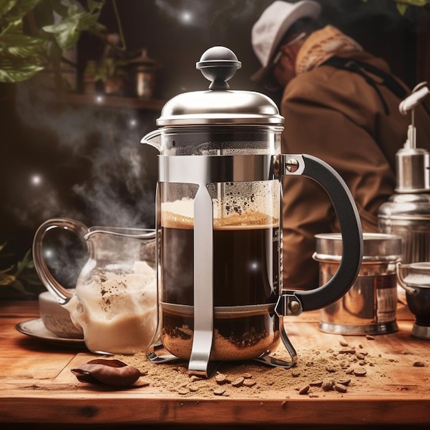 Una cafetera de prensa francesa medio llena con una olla de café