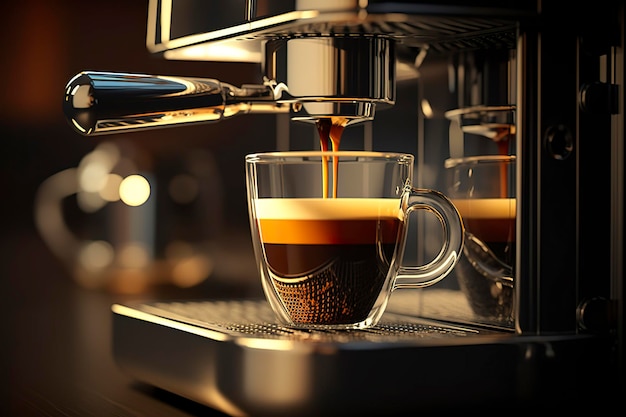 Una cafetera profesional preparando un café espresso en un vaso de cristal AI Generative