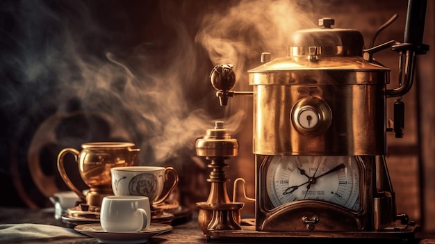 Una cafetera steampunk y tazas de café en una mesa