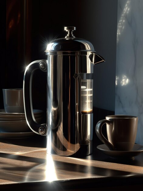 Una cafetera y una taza sobre una mesa de fondo negro.