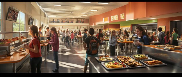 "Cafetería animada con estudiantes haciendo cola por comida"