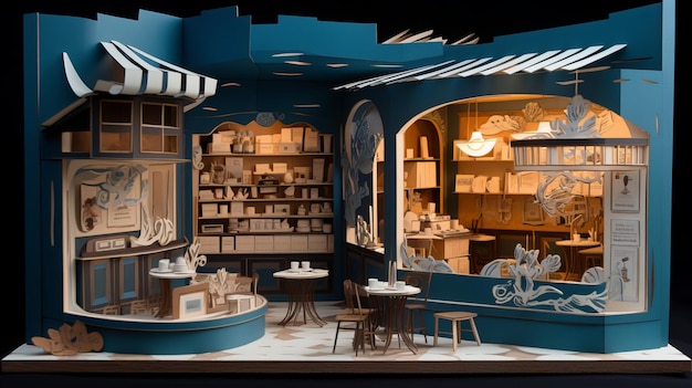 Cafetería en arte de papel elegante azul