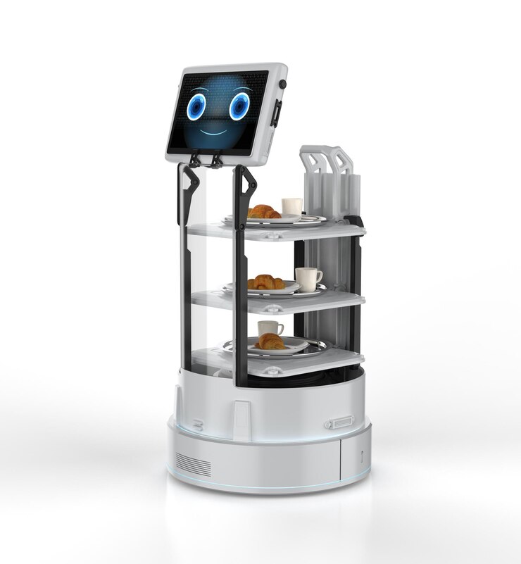 Foto cafetería de automatización con asistente robótico o robot de servicio que sirve comida
