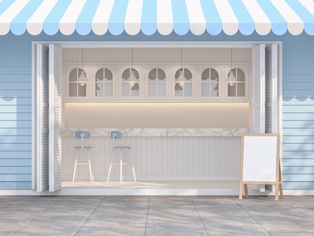 Foto cafetería azul y blanca de estilo vintage decorar con mostrador de mármol 3d render