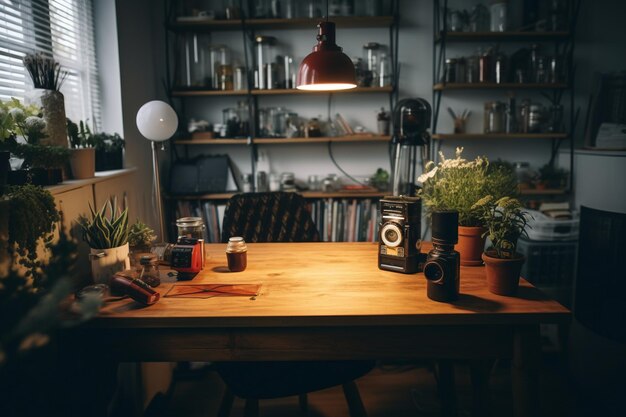 Cafetería con cámara vintage y taza de café en una mesa de madera