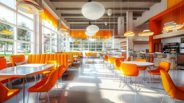 Cafeteria da escola layout espaçoso vibrante e moderno com móveis coloridos grandes janelas para luz natural estações de alimentação interativa AI Generative