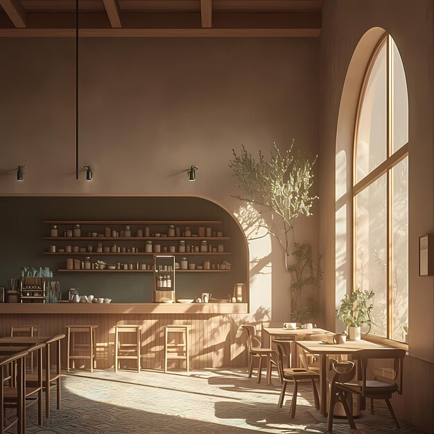 Foto una cafetería elegante con un ambiente soleado