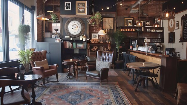 Una cafetería de estilo vintage con un ambiente cálido y acogedor Hay varias áreas de asiento cómodas, incluidos sillones, sofás y mesas