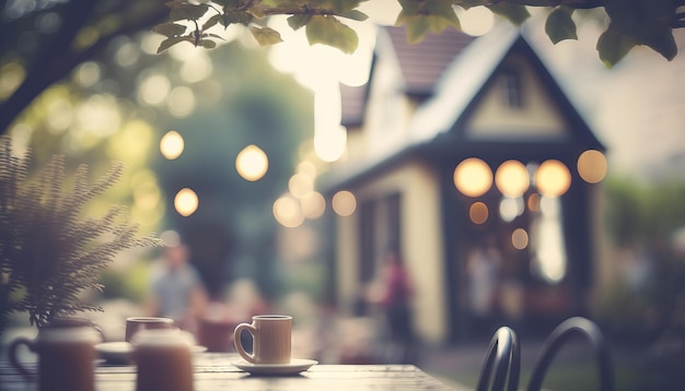 Cafetería de fondo borroso en el jardín fondo borroso con ai generativo bokeh