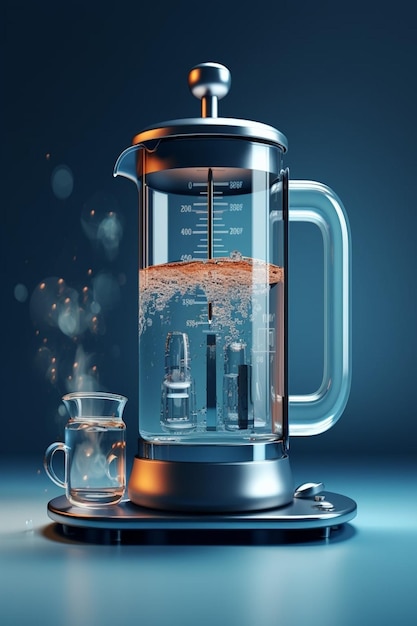 La cafetería francesa llena de agua junto a un frasco lleno de agua caliente