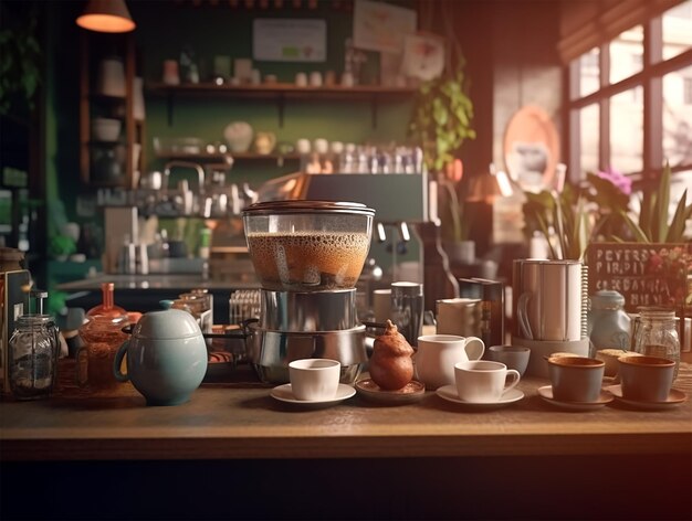 Una cafetería con un gran ventanal y una mesa con sillas.