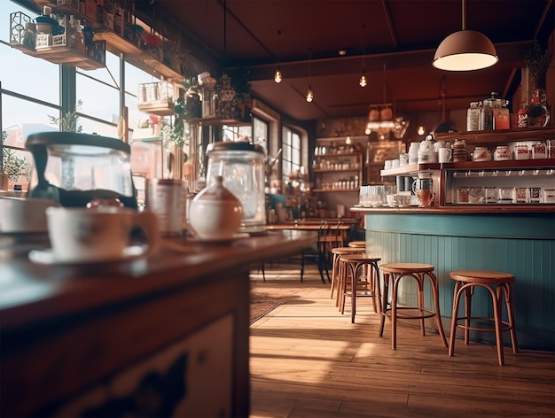 Una cafetería con un gran ventanal y una mesa con sillas.