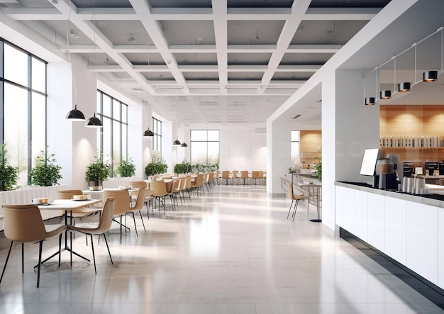 Cafeteria interior moderna de edifício de escritórios com grandes janelasAI Generative