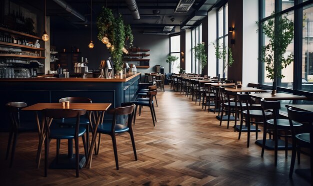 Foto cafetería interior con sillas y mesas todavía vacías de visitantes