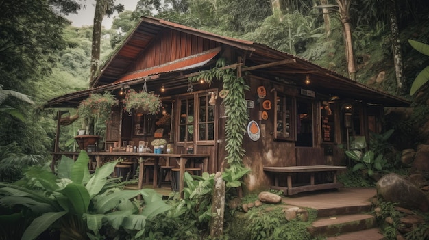 Cafetería o pueblo en el bosque de la selva.