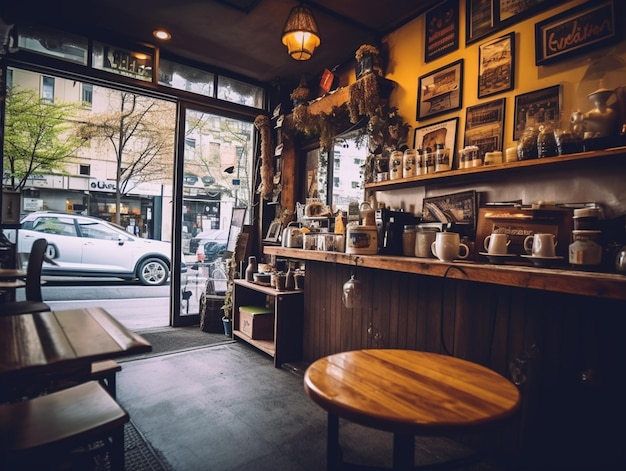Una cafetería con una puerta abierta a la calle y un cartel que dice 'café'