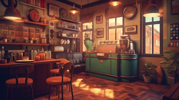 Cafetería retro con decoración de inspiración retro y equipos de café antiguos generados por IA