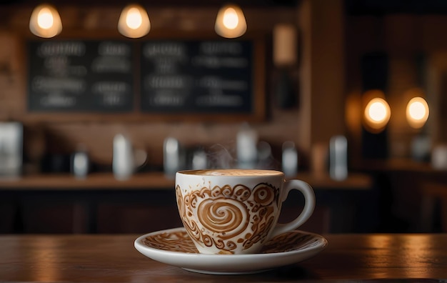 Foto en una cafetería una taza de café con un diseño en la parte delantera