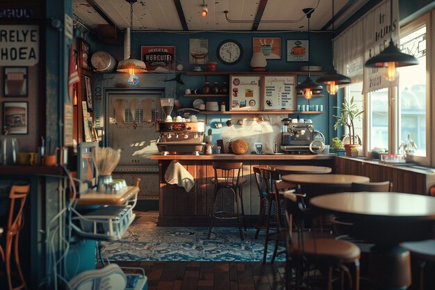 Cafetería vintage con muebles retro y un primo