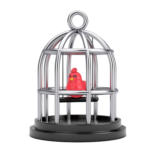 Cage de cromo de dibujos animados abstractos con Red Bird Web Icon Sign 3d Rendering