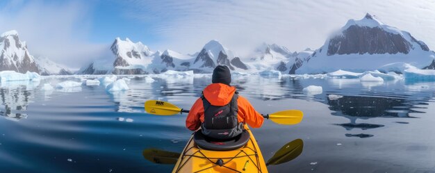 Caiaque de inverno homem remando em caiaque de mar entre icebergs Generative ai