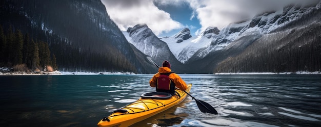 Caiaque de inverno homem remando em caiaque de mar entre icebergs Generative ai