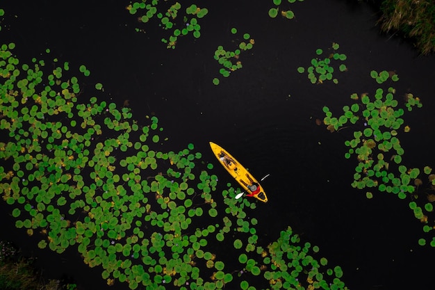 Caiaque de remo turístico no lótus verde e sobre o lago negro no jardim botânico de rayong