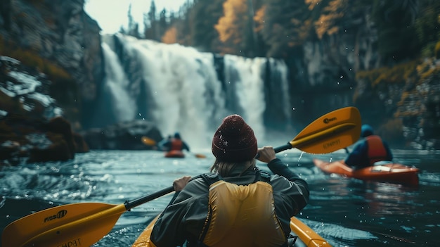 Los caiaqueros aventureros remando hacia la base de una cascada rugida en busca de una aventura llena de adrenalina