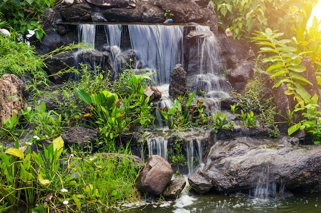 Caída de agua artificial pequeña en la decoración del espacio verde del hogar del jardín del parque.